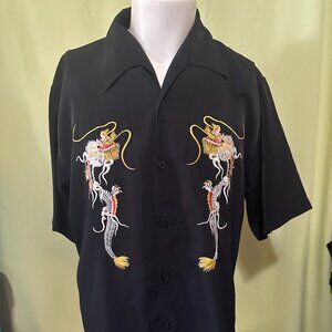 Dragonfly Flying Dragon Design Men's Black SS Button Front Shirt Large Polyester